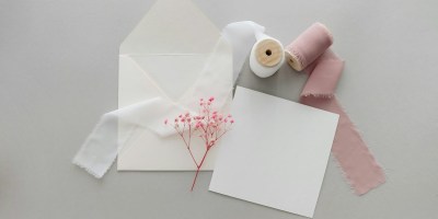 a white envelope with a pink flower and a pair of scissors next to it
